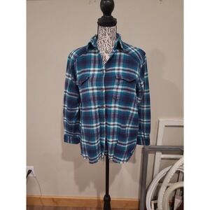 Billabong Women SZ M cropped plaid Flannel shirt with raw hem Teal blue outdoors